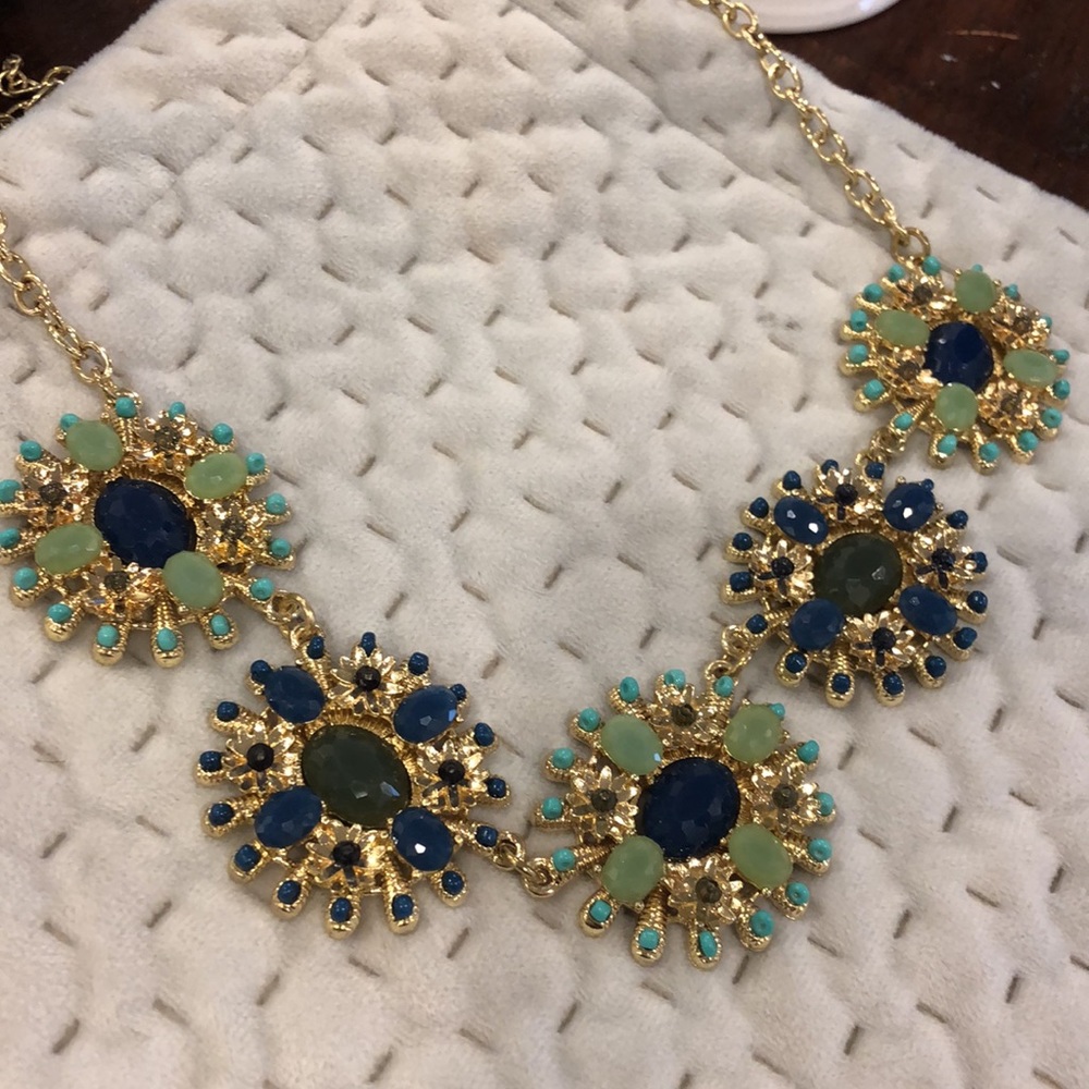 Navy Blue and Turquoise Flower Collar Necklace-Boutique